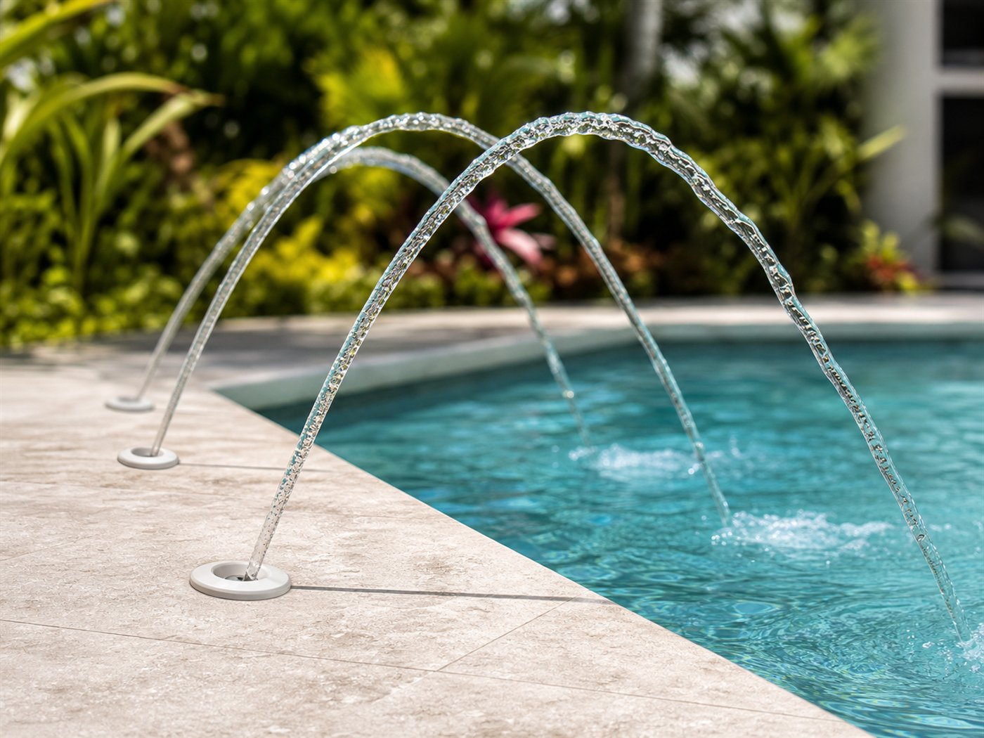 Deck jets arcing into a pool