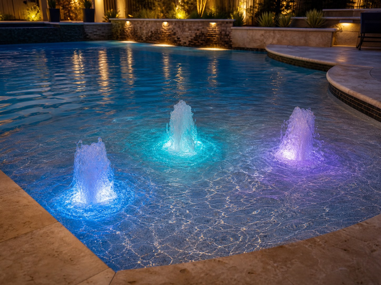 Lighted pool bubblers glowing at dusk