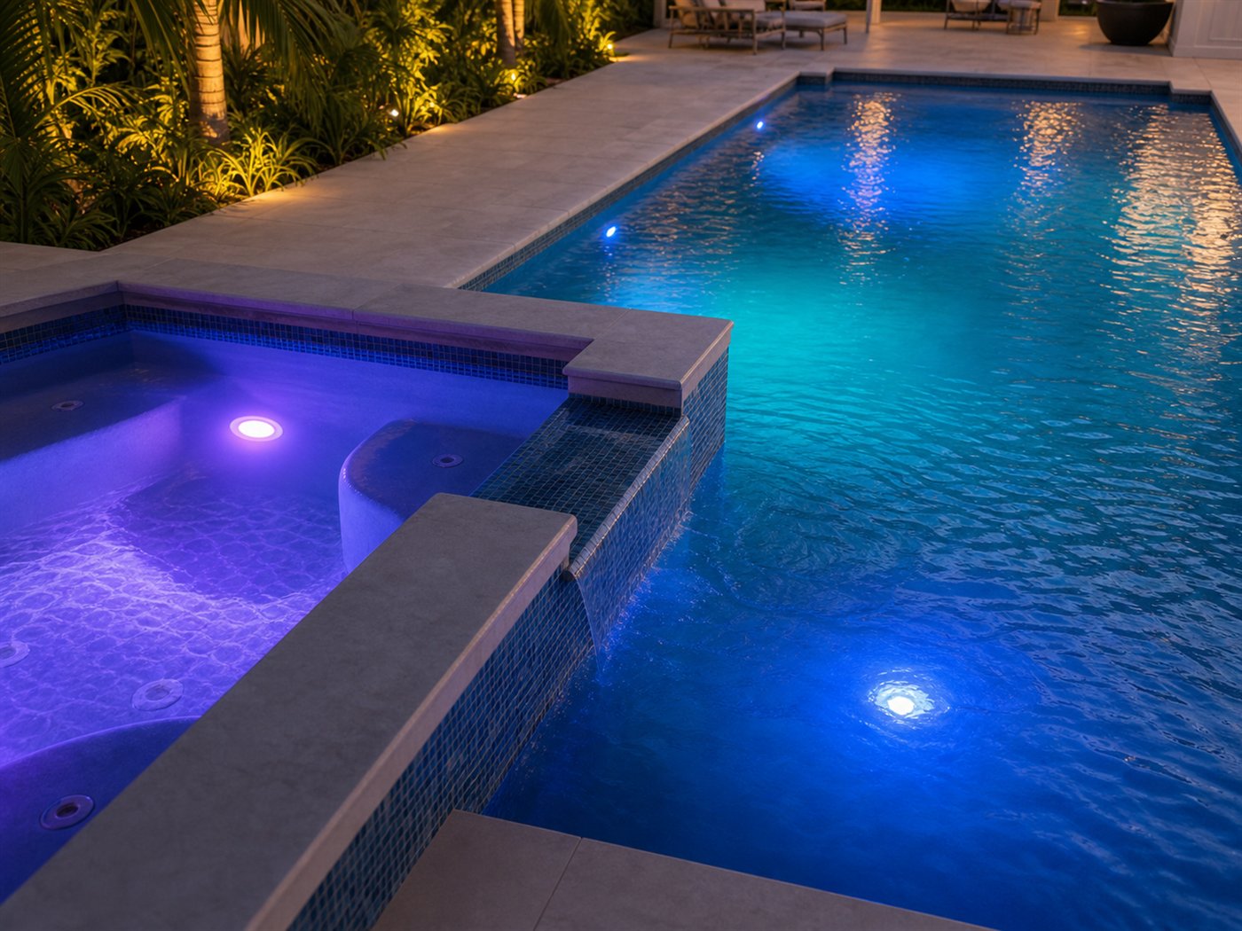 Multicolor pool lights glowing at dusk