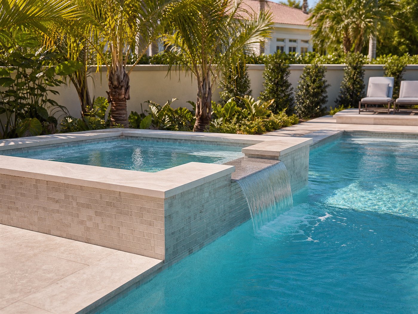 Raised spa with spillover into a pool