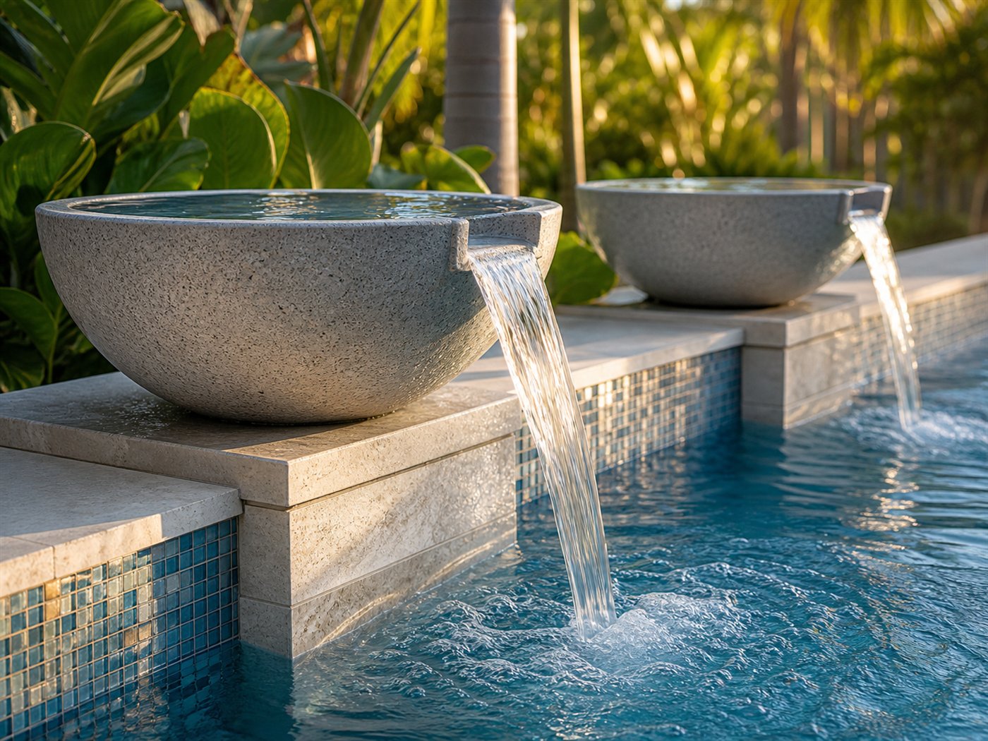 Stone water bowls spilling into a pool