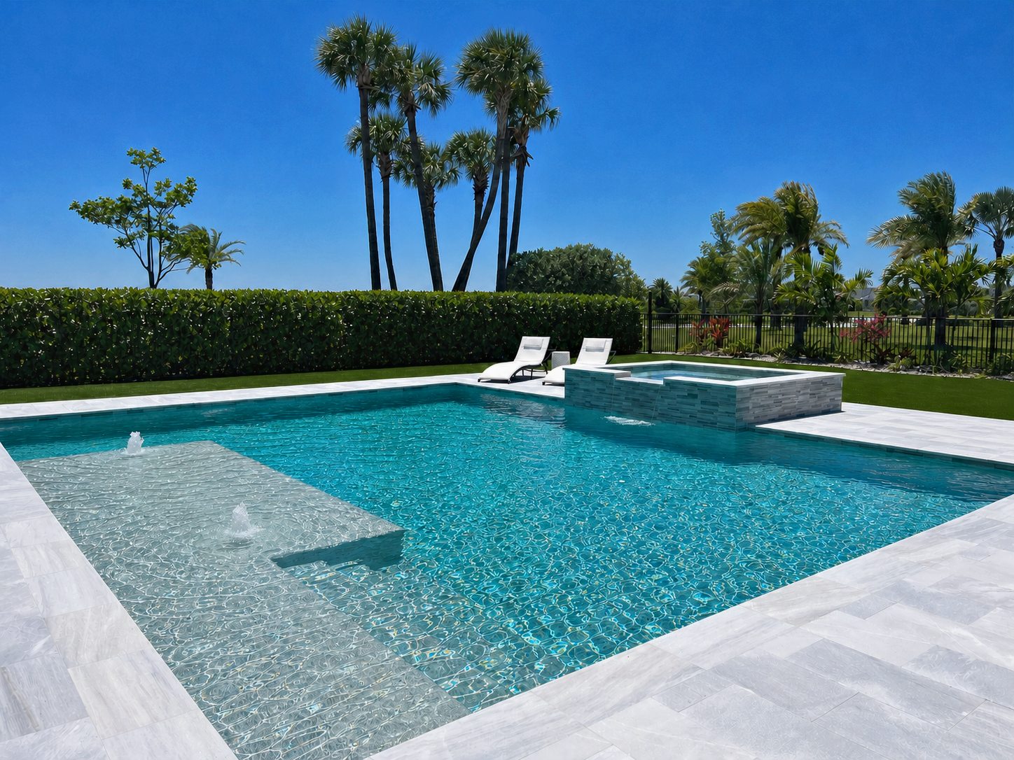Evening pool with tropical landscaping and lighting