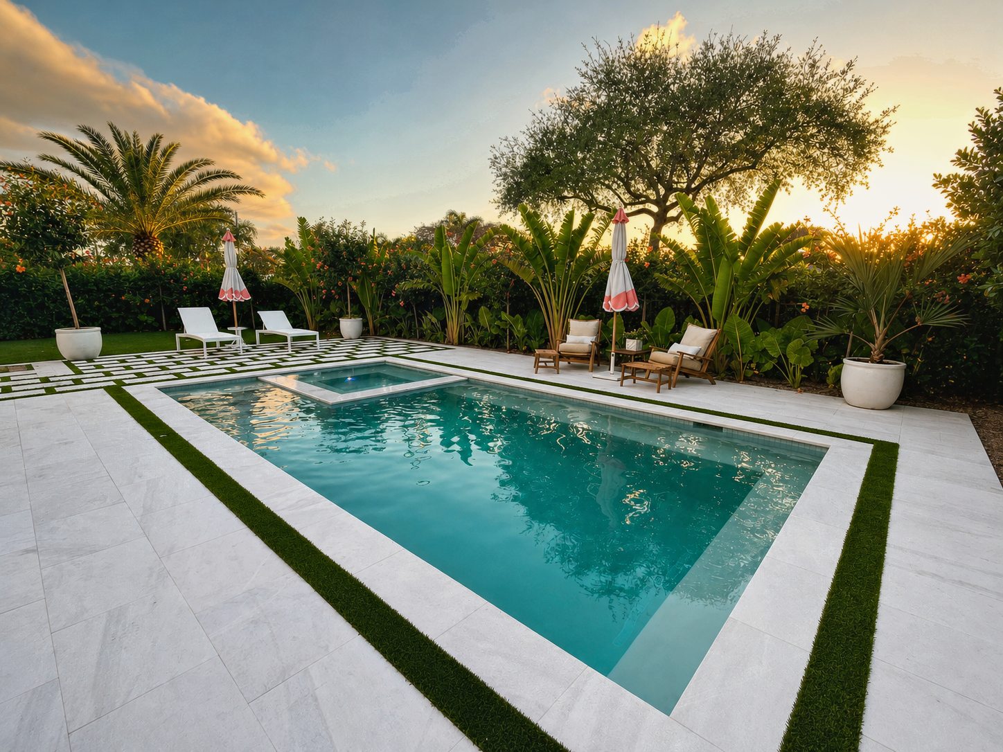 Backyard pool with integrated spa and patio seating